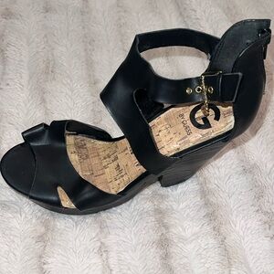 G by Guess Passage Strappy Cork Wedge Sandal Platform Heel Shoe Black